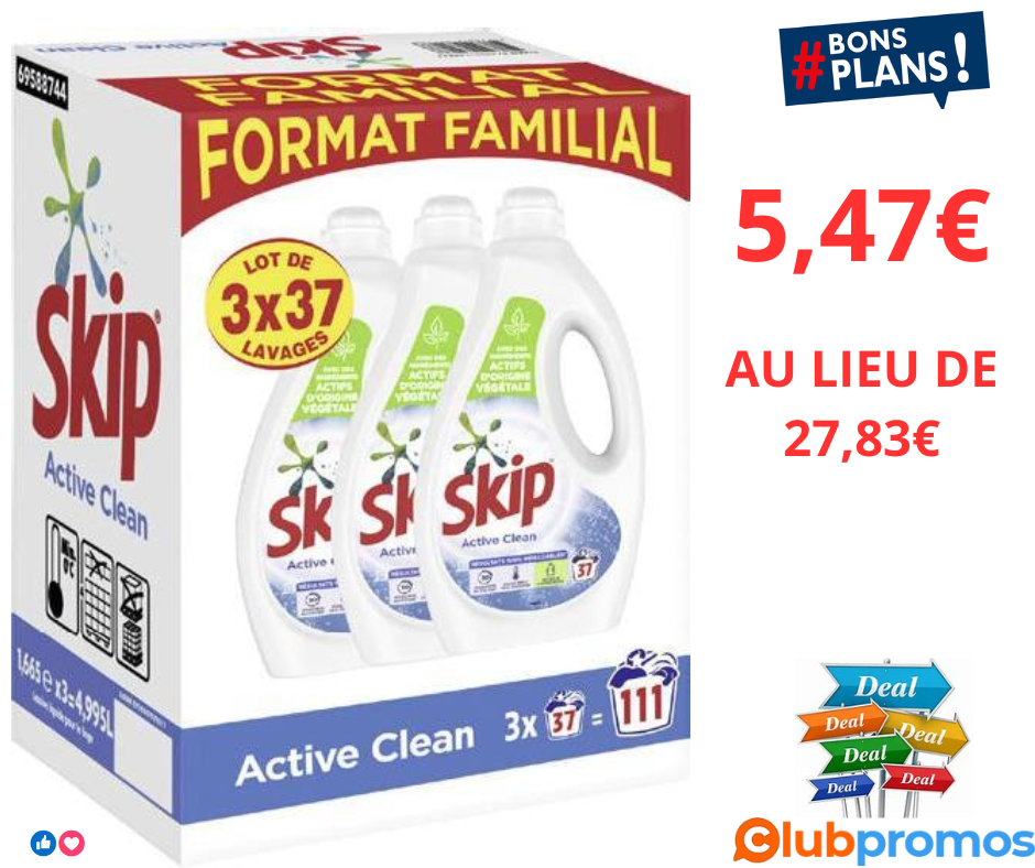 Économisez 80% sur le Lot de 3 Bidons de Lessive Skip Active Clean chez Géant Casino - Un Bon ...png