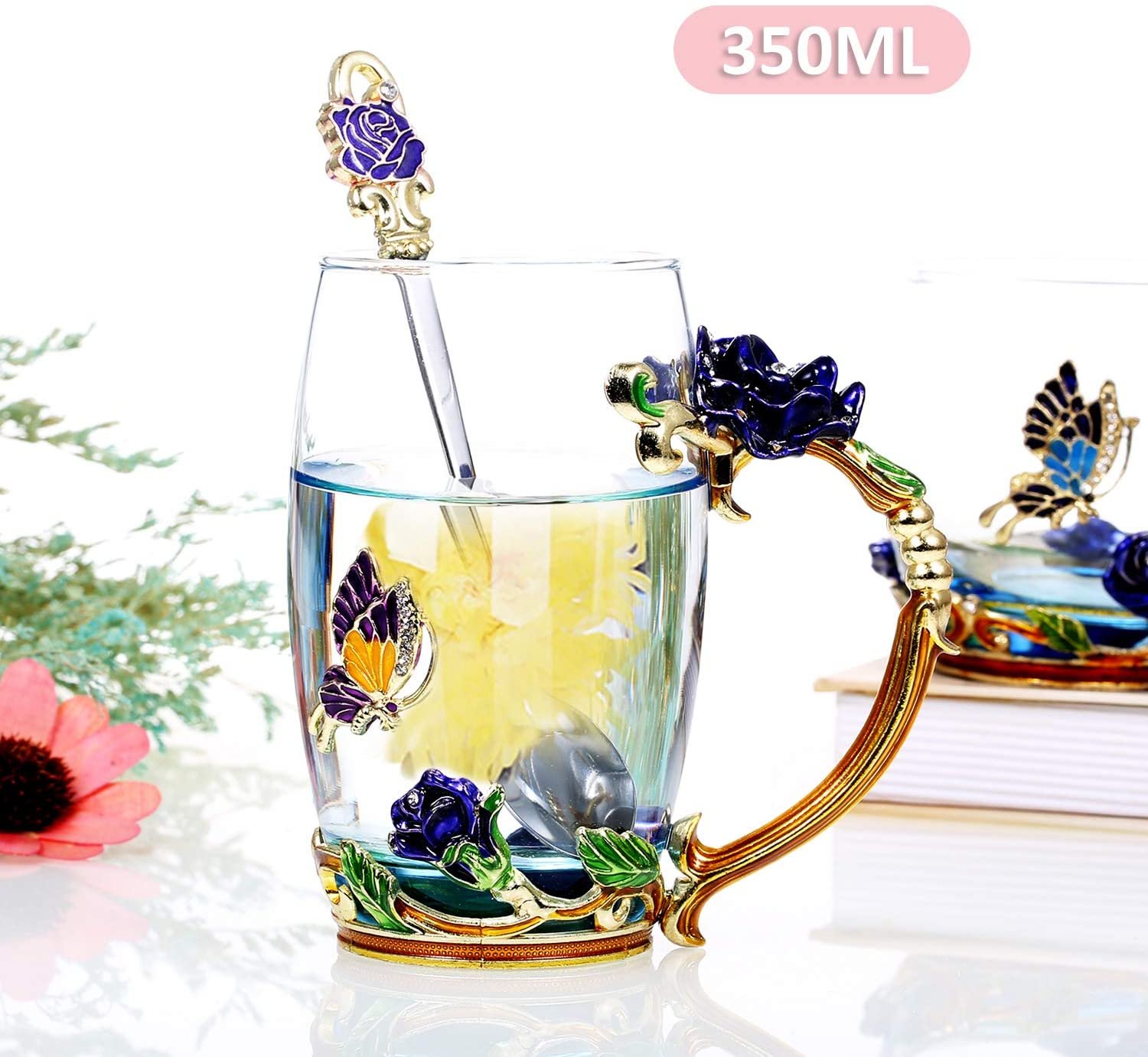 Tasse à Thé en Émail Papillon Fleur en Verre - 350ml Tasses à Café