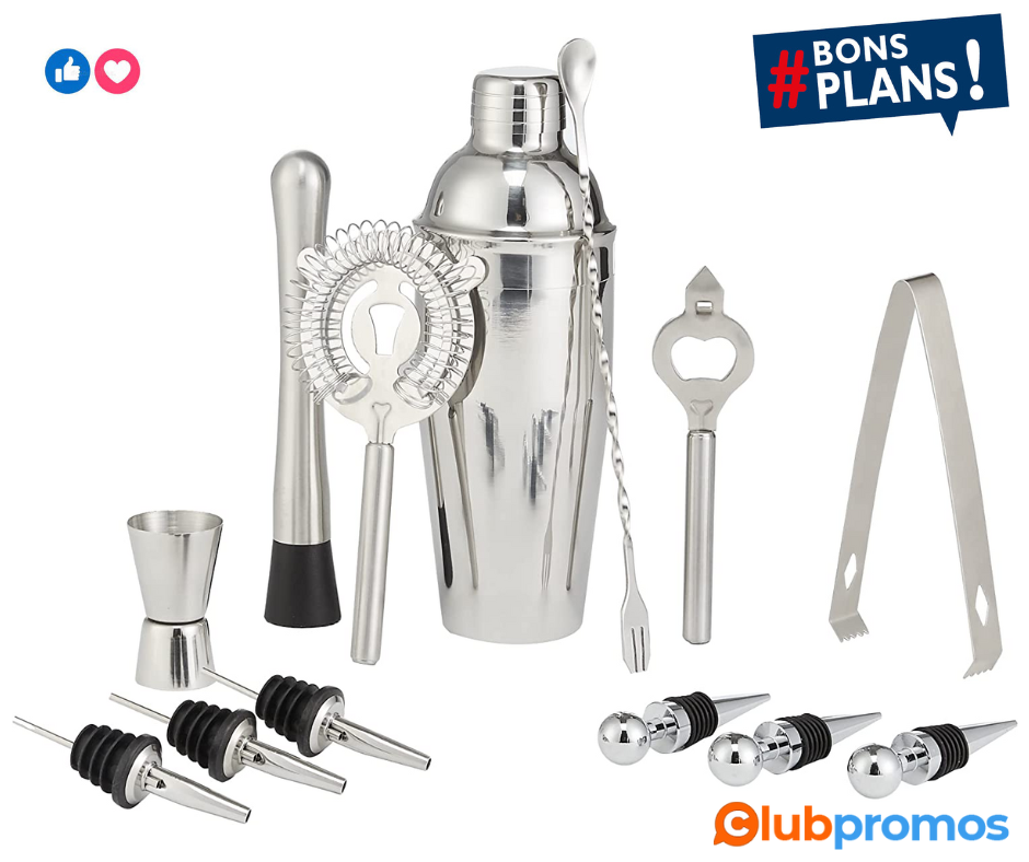 Amazon Basics Set cocktail 13 pièces en inox, 70 cl, shaker, doseur, pilon, bec verseur.png