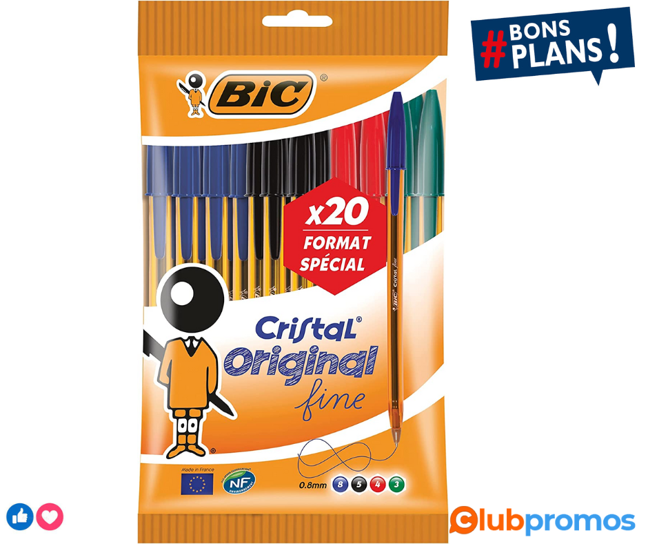 BIC Cristal Original Stylos-Bille Pointe Fine (0,8 mm) - Couleurs Assorties, Pochette Format S...png