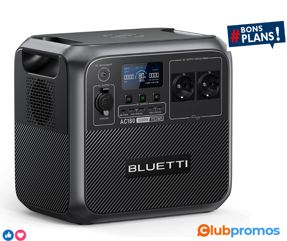 BLUETTI Générateur Électrique Portable AC180, 1152Wh999€ au lieu de 1199€ sur Amazon.png