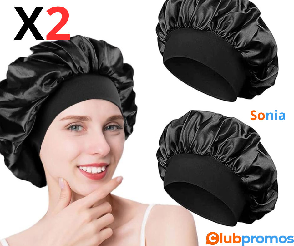 Bon Plan Amazon 2 Pièces Bonnet de Soie Satin Cheveux Nuit, pour Femmes (Noir+Noir).png