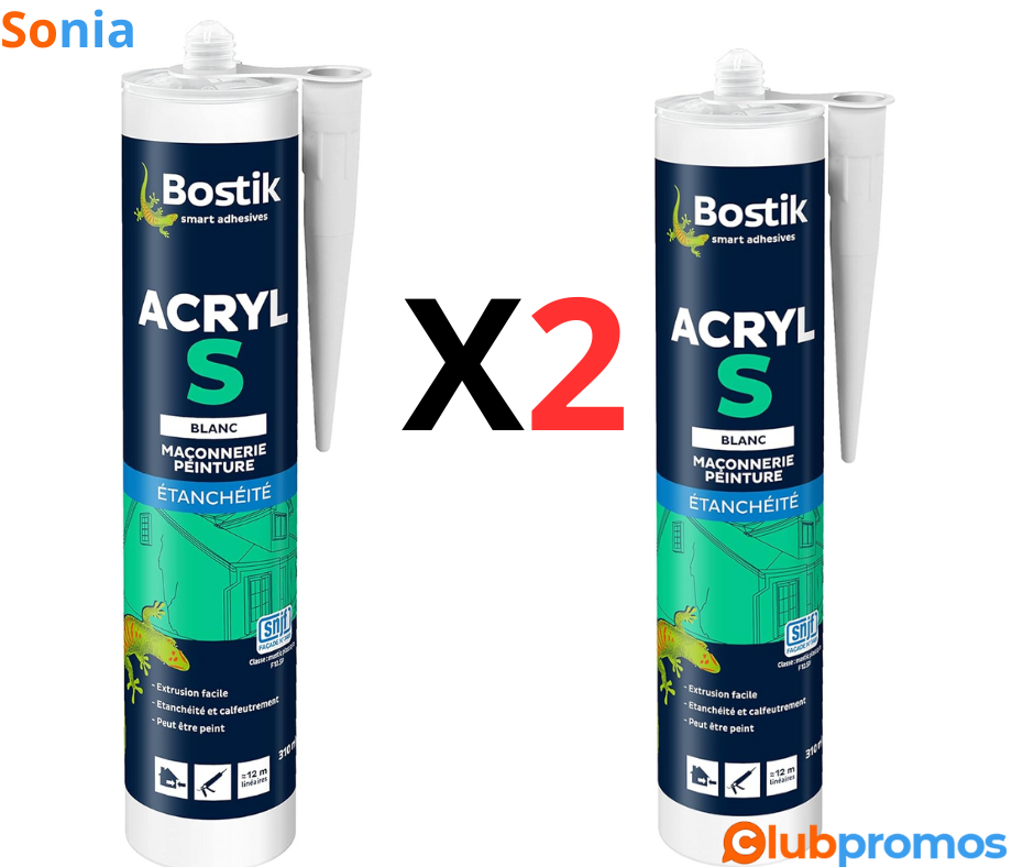 Bon Plan amazon BOSTIK - 310.11418 - Mastic Acryl S MaconneriePeinture - 310 ml - Blanc (Lot d...png