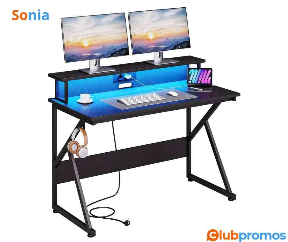 Bon plan amazon Bureau d'ordinateur LED avec Multiprise KIMENICH à 39,99€ au lieu de 79,99€ su...png