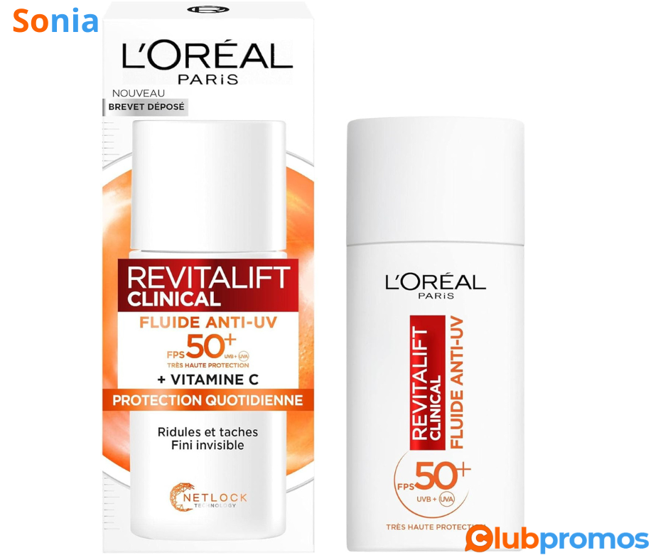 Bon plan amazon Fluide Anti-UV FPS 50+ Vitamine C + Vitamine E + Acide Hyaluronique - L'Oréal ...png