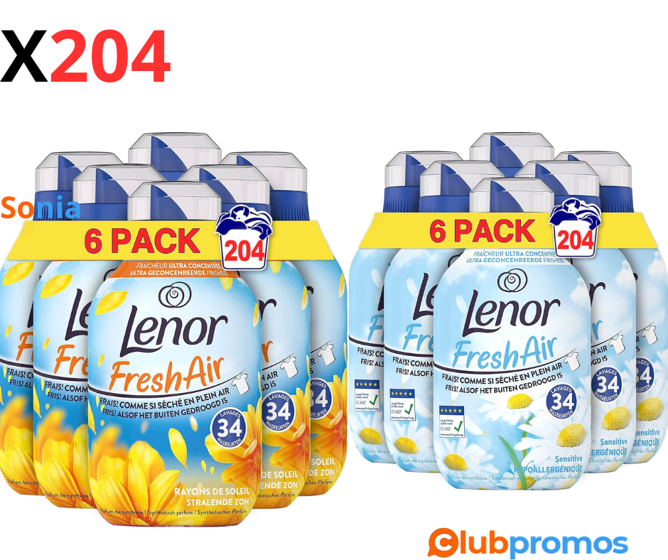 Bon Plan Amazon Lenor Air Frais, Adoucissant Linge, 204 Lavages (6x34), Rayons De Soleil, Form...png