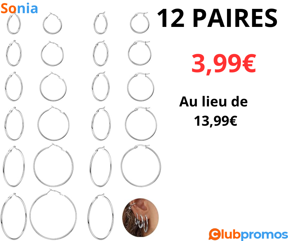 Bon plan Amazon Lot de 12 paires de boucles d'oreilles créoles à 3,99€ au lieu de 13,99€ sur A...png