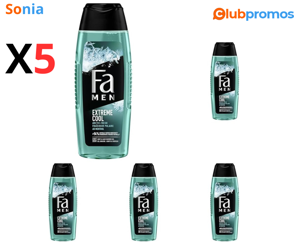 Bon plan amazon Lot de 5 gels douches corps et cheveux FA MEN Extrême Cool 250ml à 6,60€ sur A...png