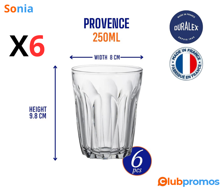 Bon plan amazon Lot de 6 verres à eau et jus Duralex Provence - Transparent - 511840V44 à 9,16...png