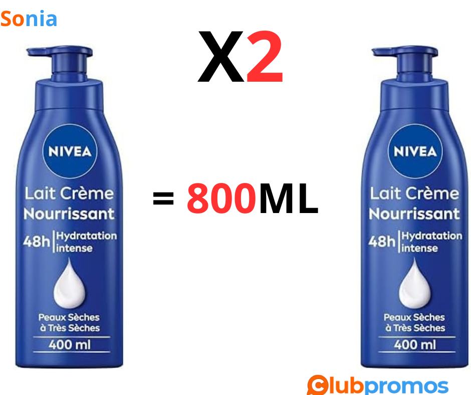 Bon plan Amazon NIVEA Lait Crème Nourrissant 48h Peaux Sèches à Extra Sèches (1 x 400 ml), Crè...png