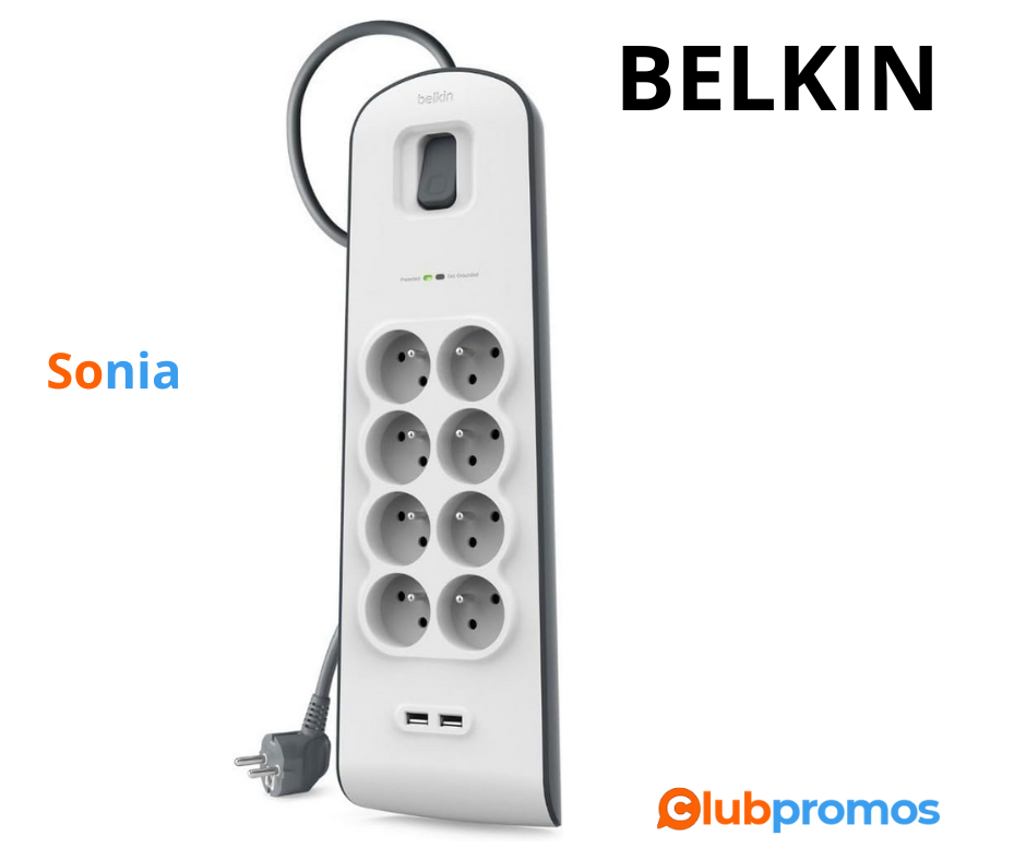 Bon plan amazon Parafoudre 8 prises Belkin, 900 Joules, cordon 2 m, USB x 2, Blanc à 26,99€ au...png