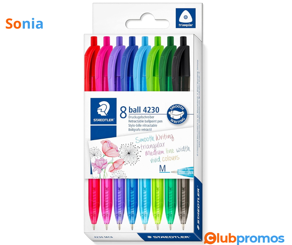 Bon Plan Amazon Pochettes de 8 Stylos à Bille Rétractables Couleurs Assorties STAEDTLER 4230 M...png