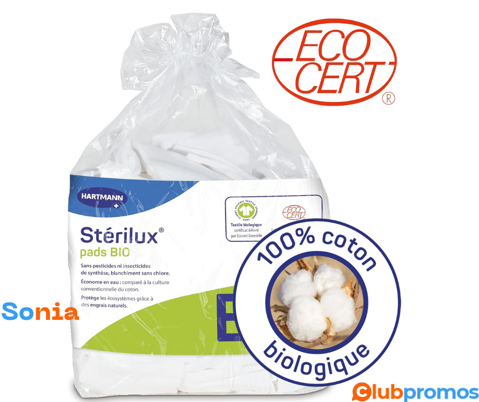 bon plan amazon Sterilux Pads BIO - Rectangles De Coton Biologique - Doux - Ne Peluchent Pas -...png