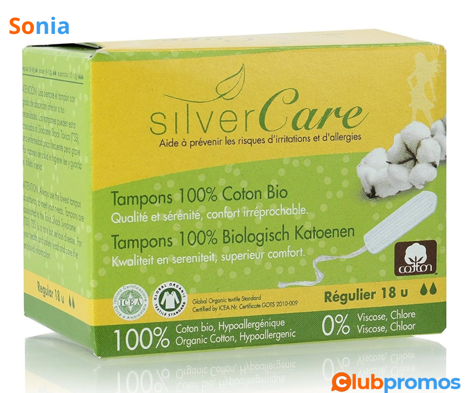 Bon Plan Amazon Tampon Régulier sans applicateur - 100% coton bio - Silvercare.png