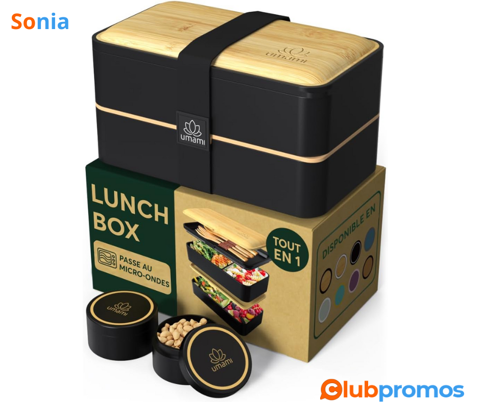 Bon Plan Amazon Umami Bento Lunch Box, 2 Pots à Sauce & Couverts en Bois Inclus, Lunchbox Micr...png