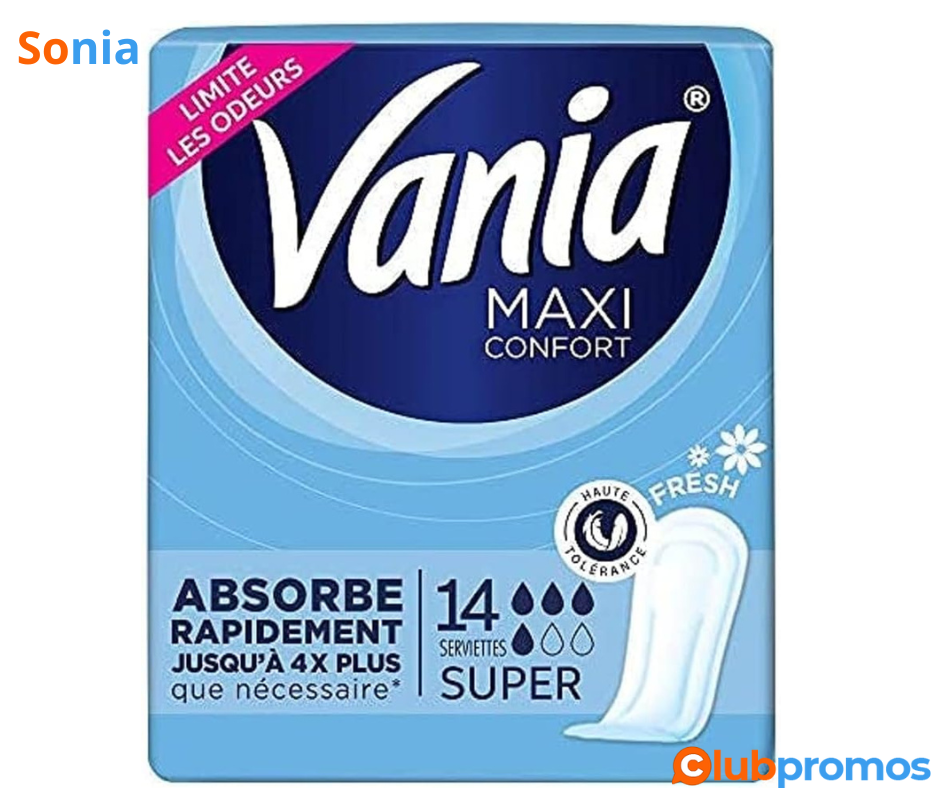 Bon plan Amazon Vania - Serviettes Hygiéniques, Maxi Confort, Super, 14 Serviettes Femme.png