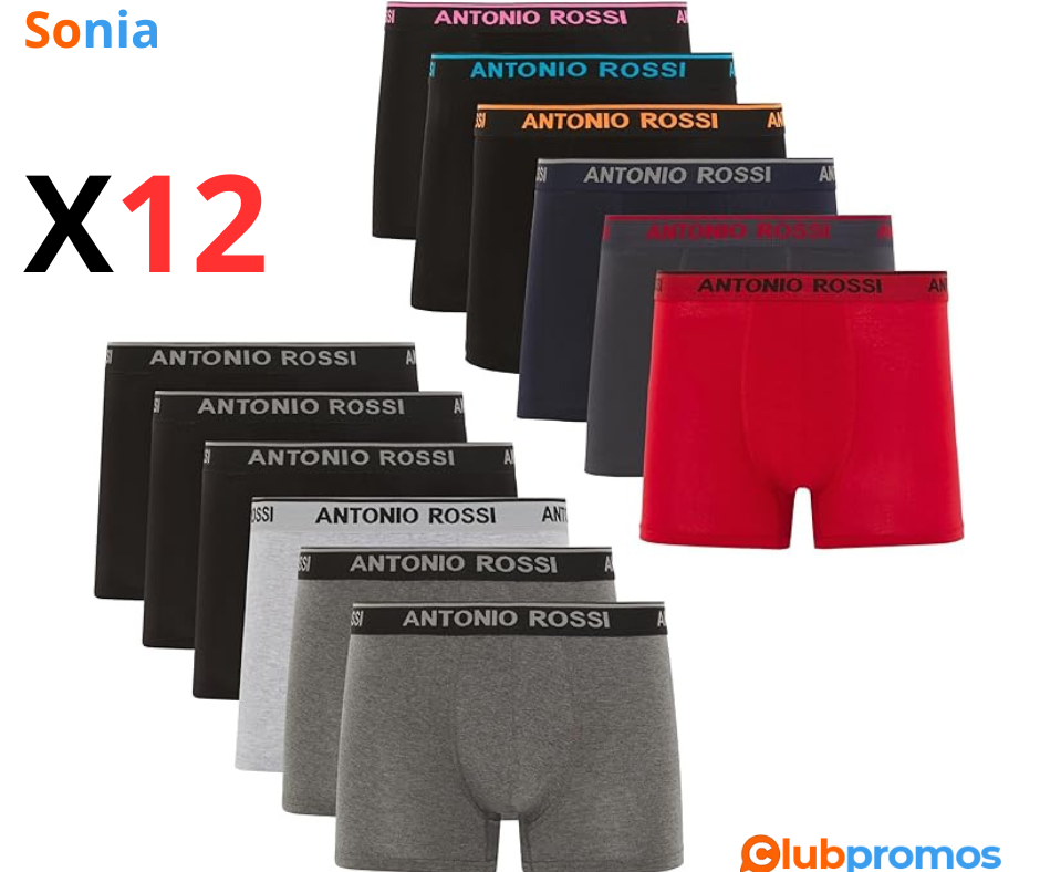 Bon Plan ANTONIO ROSSI (Lot de 12) Boxers Ajustés pour Hommes - Boxers pour Hommes avec Ceintu...png