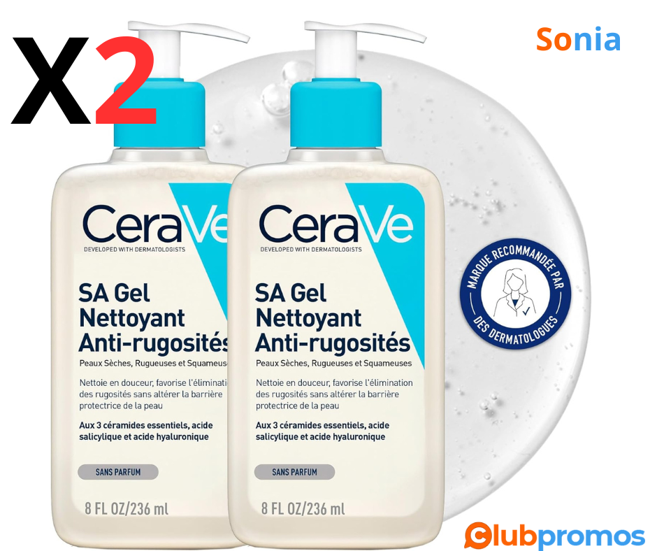 Bon plan CeraVe Gel SA Anti-Rugosités - 2 x 236ml - Gel Nettoyant Exfoliant Doux Corps pour Pe...png