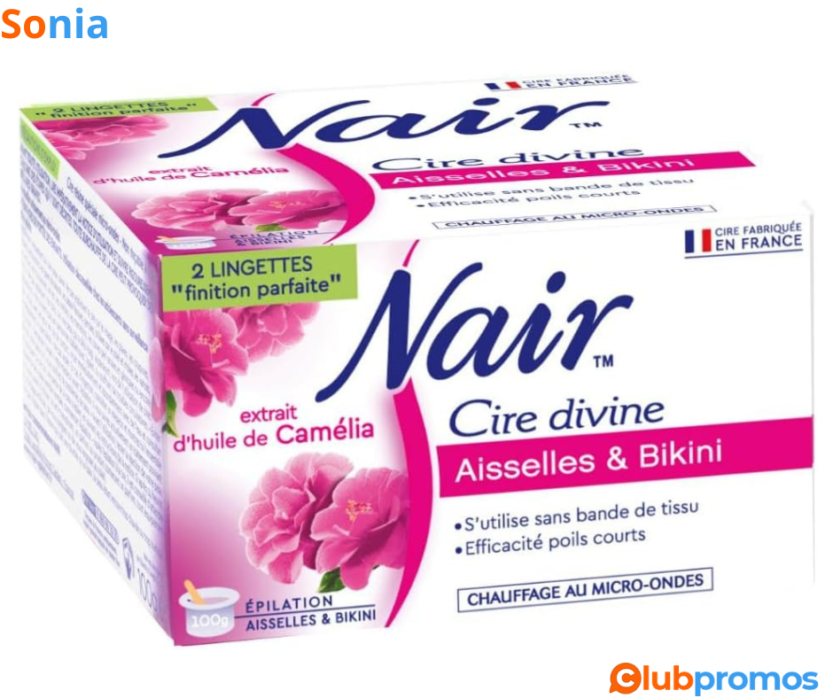 Bon Plan Cire NAIR Divine Aisselles & Bikini à l'Extrait de Fleur de Camélia, Pot de 100g à 3,...png