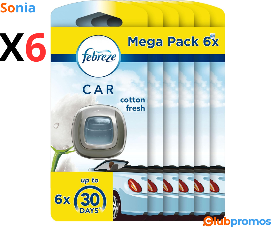 Bon Plan Febreze Désodorisant Voiture, Mega Pack de 6, Pureté de Coton, Parfum Voiture, Sent B...png