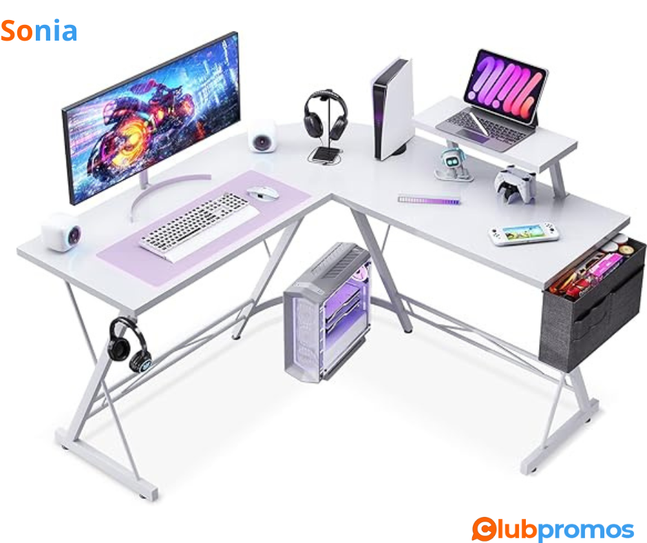 Bon Plan KBureau Gaming avec Support pour Moniteur, ODK Bureau Gaming en L – Blanc Pur, 127 x ...png