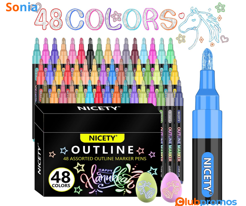 Bon Plan Lot de 48 Feutres Paillettes Enfant - Stylos de contour magique métalliques Double li...png