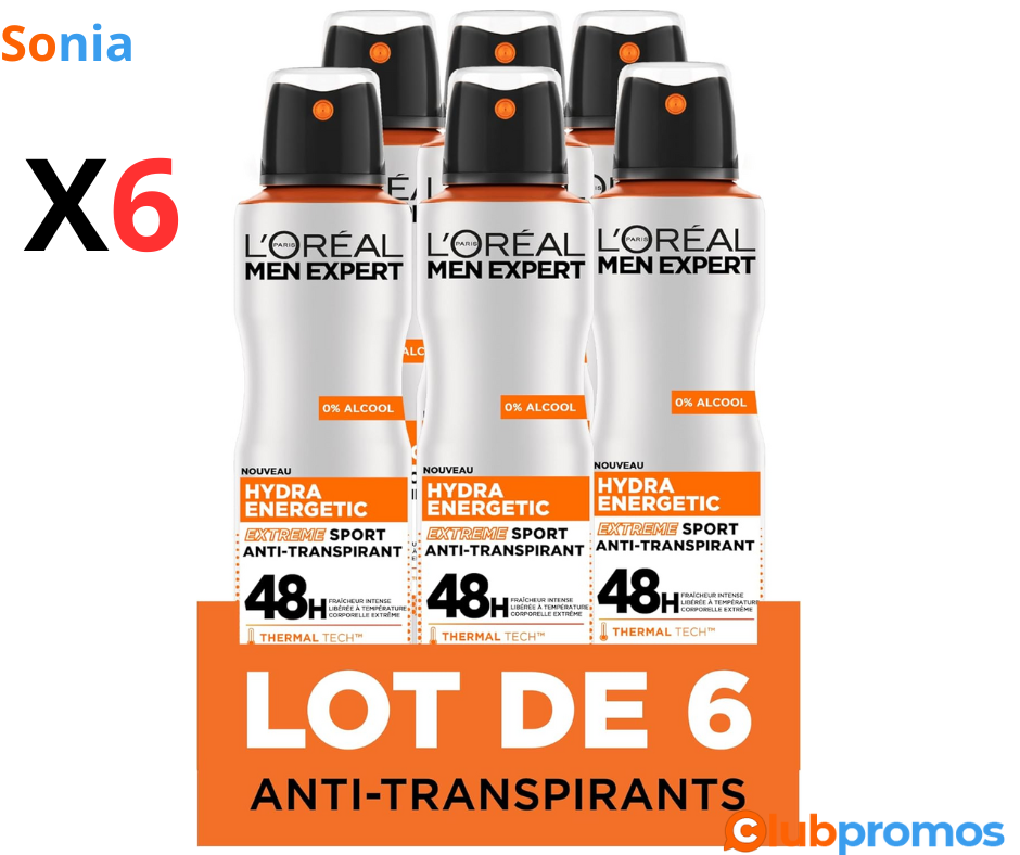 Bon Plan Lot de 6 Déodorants Spray L'Oréal Men Expert Hydra Energetic Anti-Transpirant Extreme...png