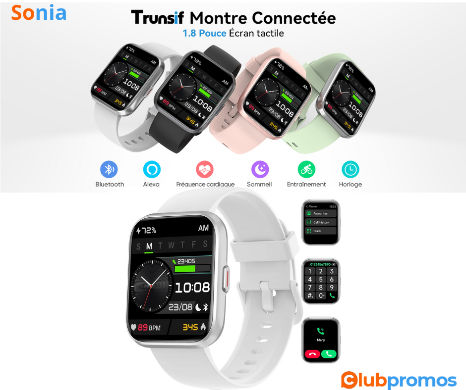 Bon Plan Montre Connectée Homme Femme, 1,8 Trunsif Smartwatch IP68 à 14,99 € au lieu de 37,99 ...png