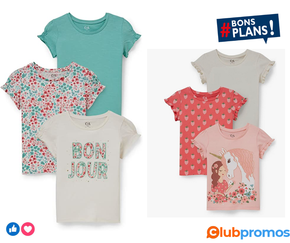 C&A Lot de 3 t-shirts imprimés pour fille - Couleur unie - Décoré 2 lots au choix.png