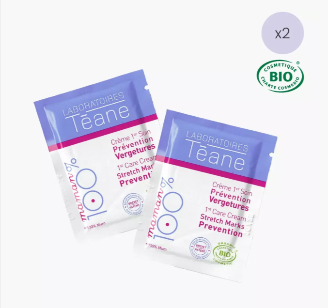 Deux tubes de 5ml de Crème 1er Soin Vergetures des Laboratoires Téane, certifiée bio, posés sur un fond épuré. Offre test à 1€ avec livraison gratuite et remboursement sous forme d’avoir.