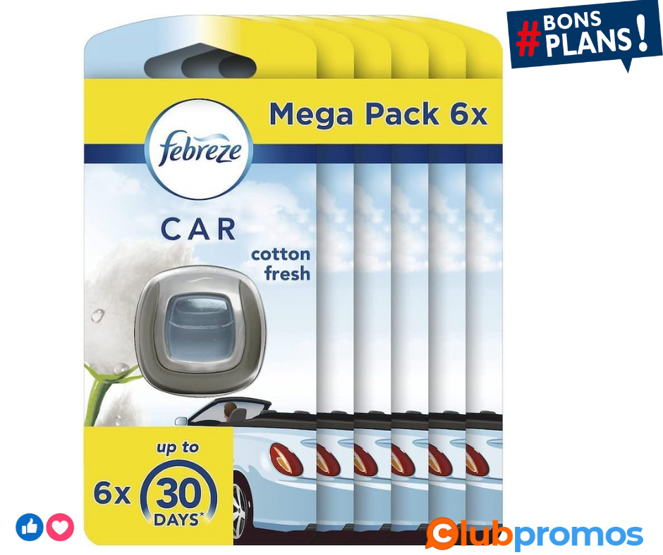 Febreze Désodorisant Voiture, Mega Pack de 6, Pureté de Coton, Parfum Voiture, Sent Bon Fraîch...png