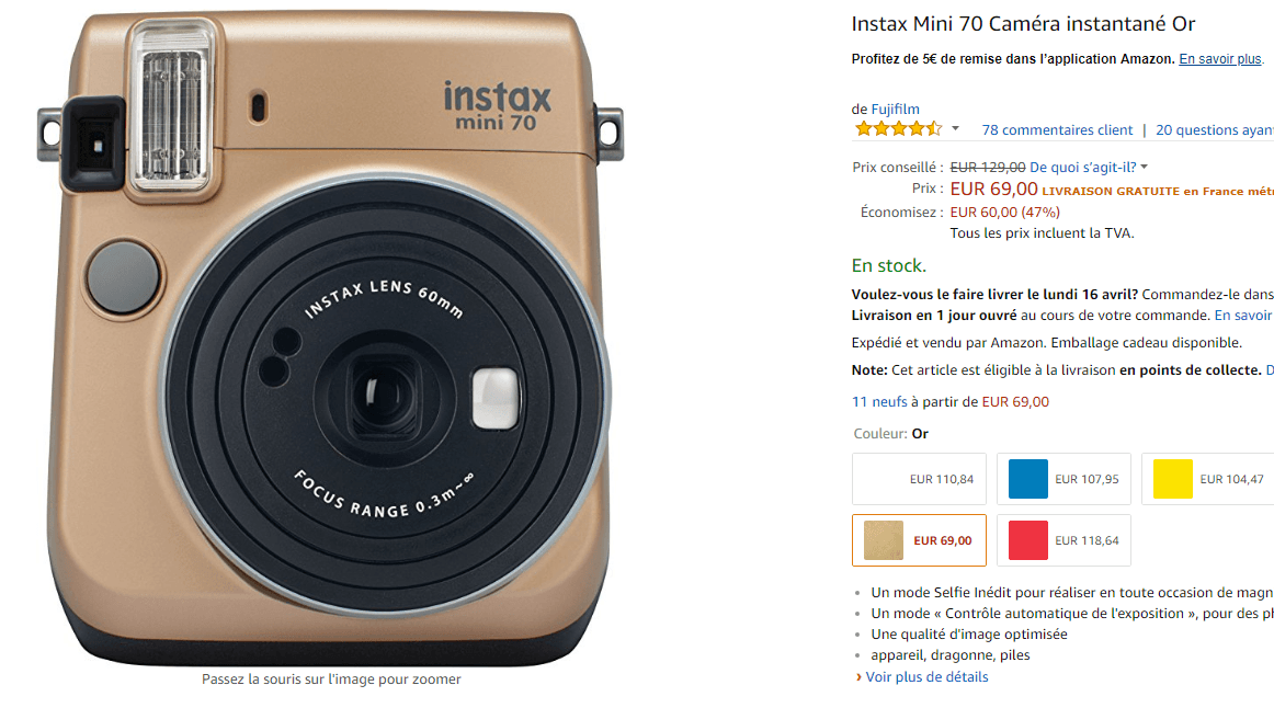 Deal Appareil Photo Fujifilm Instax Mini 70 A 69 Au Lieu De 110