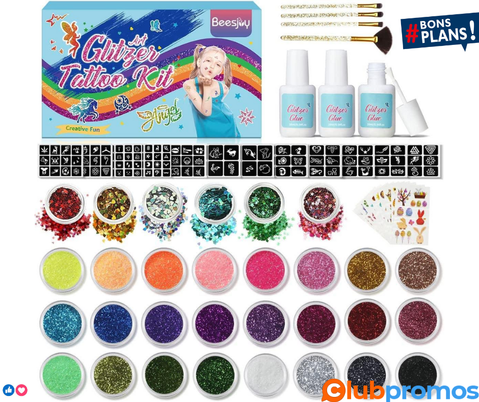 Kit Tatouage Paillettes 30 Couleurs, Beesjuy Kit Tatouage Enfant fille - Idee Cadeau Fille 5+ ...png