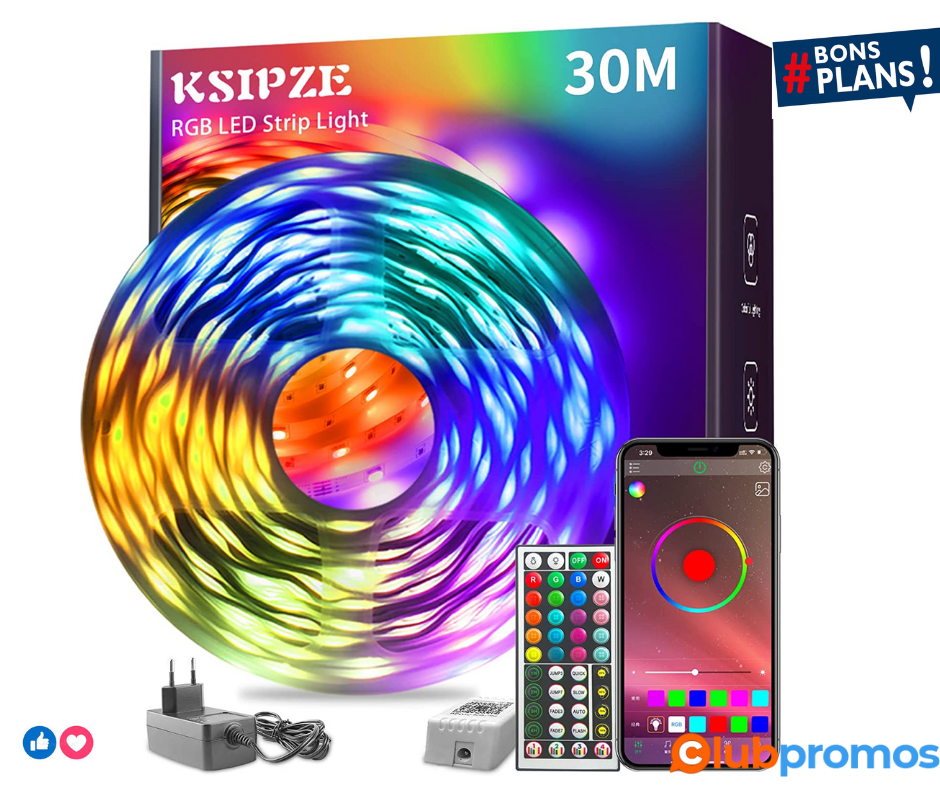 KSIPZE Ruban LED 30M RGB Led Chambre Bande led Contrôlé par Bluetooth APP Télécommande Lumière...png