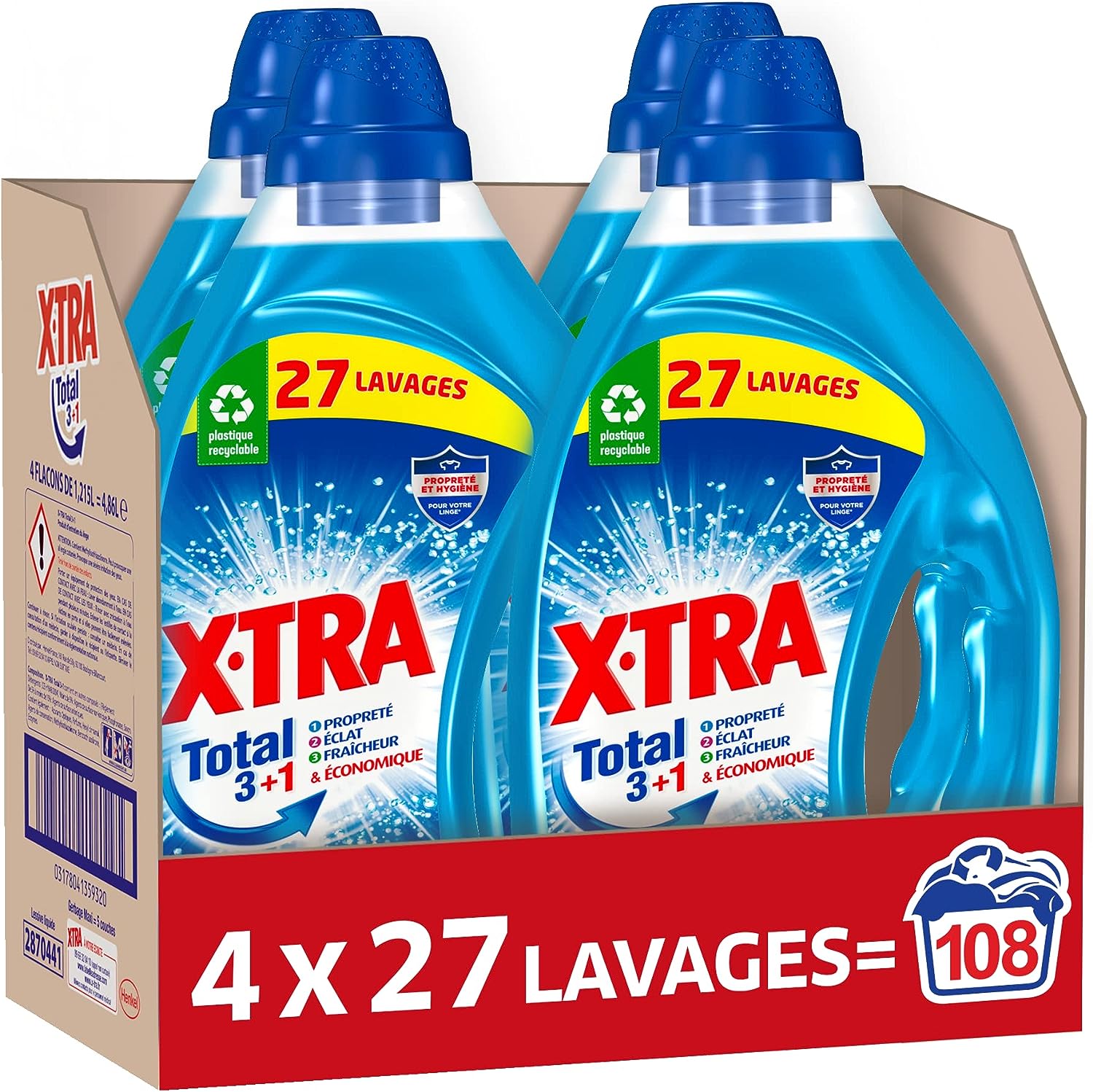 X•Tra Total - 47 lavages - Lessive liquide - 4 en 1 - Entretien du