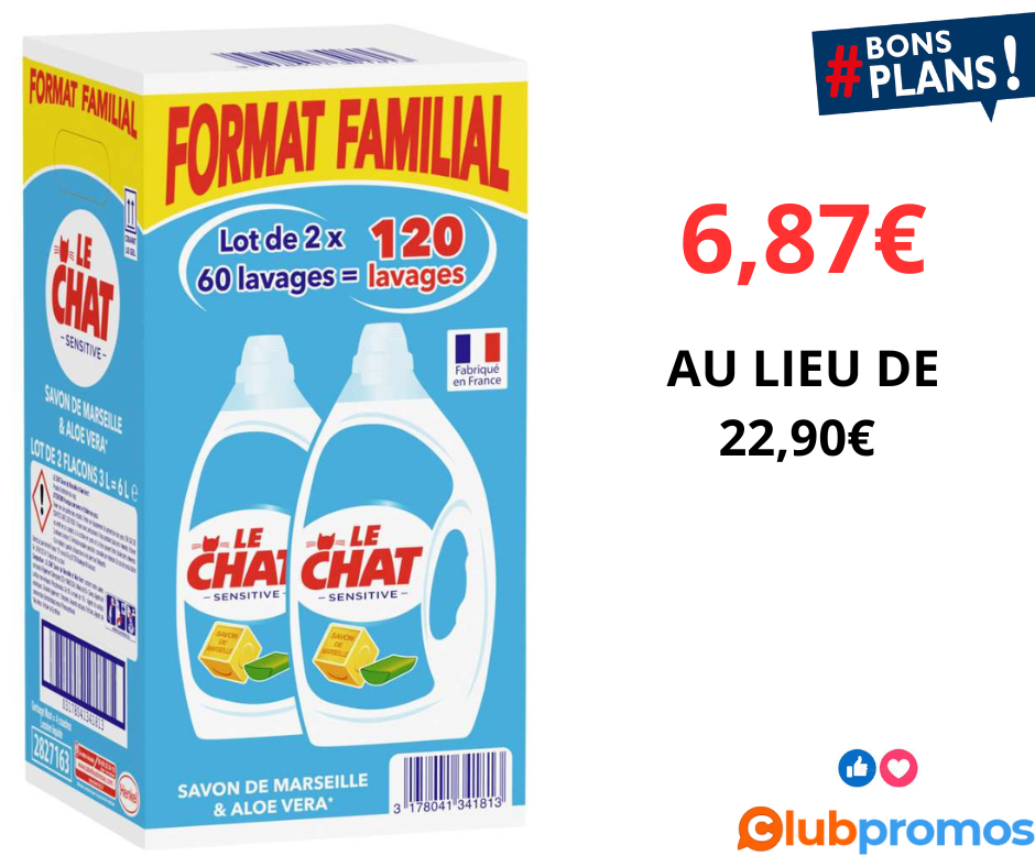 Lot de 2 bidons de 3L de Lessive Le Chat à 6,87€ (au lieu de 22,90€) chez Leclerc avec une réd...png