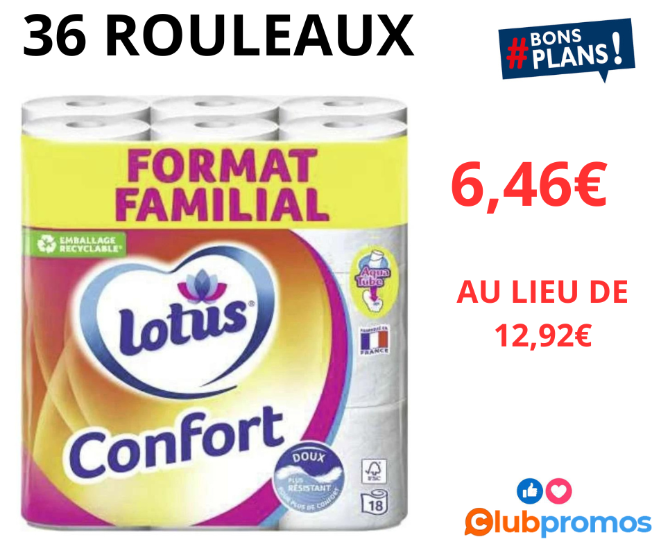 Lot de 2 Paquets de Papiers Hygiéniques Lotus Confort(= 36 rouleaux ) 6,46€ au lieu de 12,92€ ...png