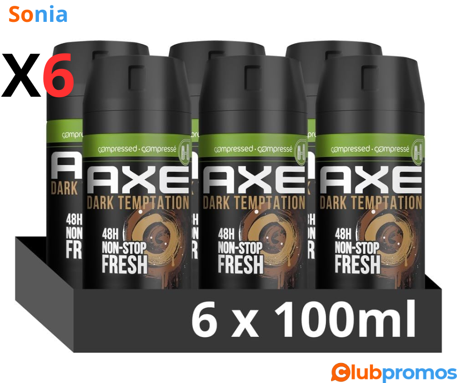 Lot de 6 Déodorants Axe Bodyspray Compressé - Dark Temptation, 48 h, 6 x 100ml à 16,20€ sur Am...png