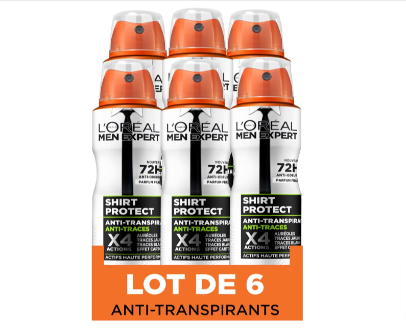 Lot de 6 Déodorants Spray Anti-Traces L’Oréal Paris Men Expert Shirt Protect 150ml à 13,53€ au...png