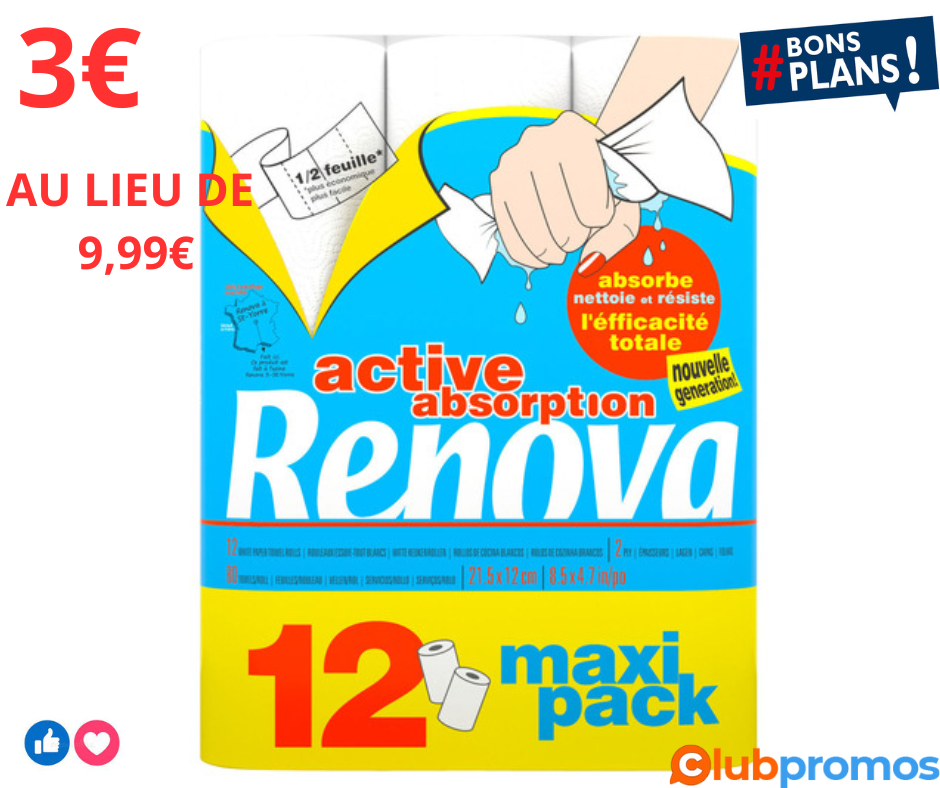 Maxi Pack essuie tout Renova Active Absorption - pack de 12 rouleaux bon plan carrefour.png