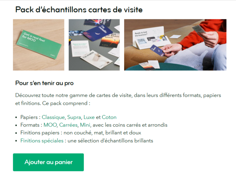 Échantillons gratuits de cartes de visite : différents formats, finitions et papiers pour tester avant impression.