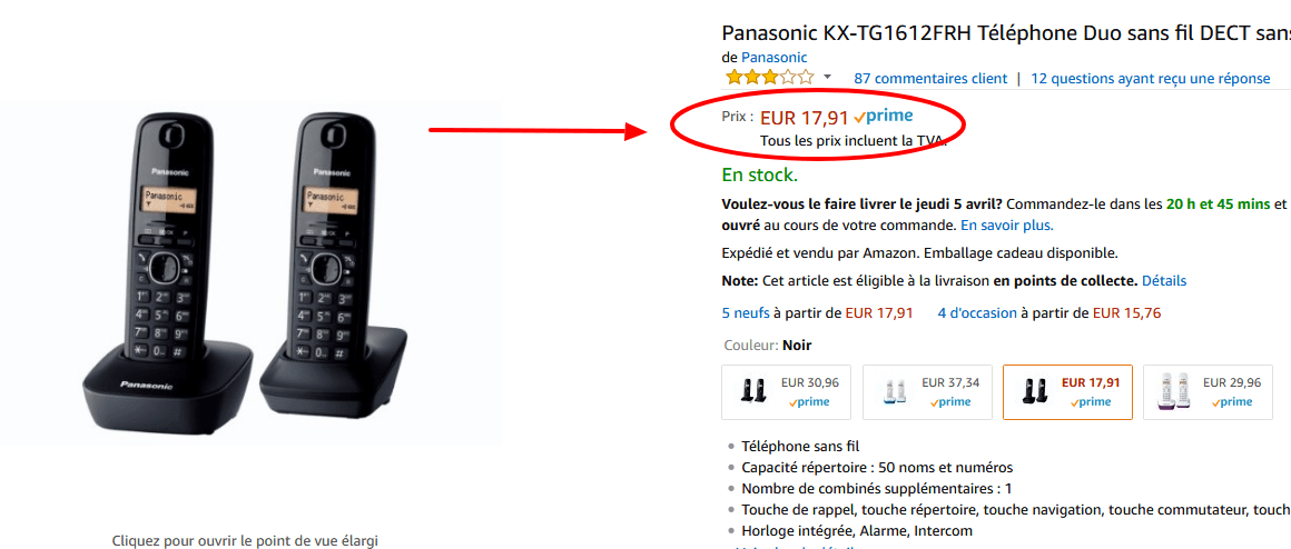 Panasonic KX TG1612FRH Téléphone Duo sans fil DECT sans répondeur Noir  Amazon.fr  High tech(1).png