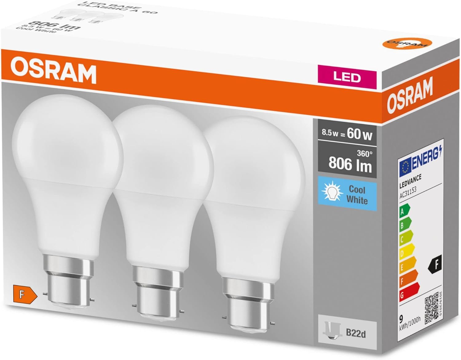 Paquet de 3 Ampoule LED OSRAM B22, Blanc froid, 4000 K, 8,50 W équivalent à 60 W.jpg