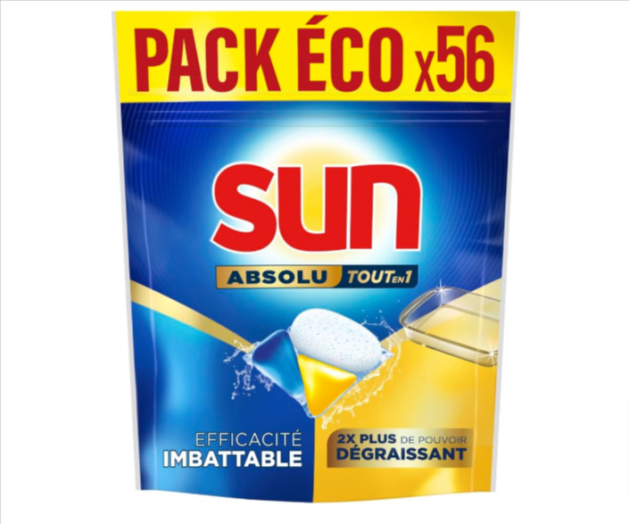 Sun Pastilles Lave-Vaisselle Absolu Tout-en-1 Dégraissant – 56 capsules – 8,19€ au lieu de 12,...png