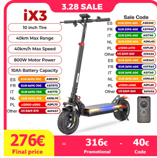 Trottinette électrique iX3 iScooter - moteur 800W, autonomie 40 km, pneus 10 pouces, freins à disque, idéale pour tous terrains