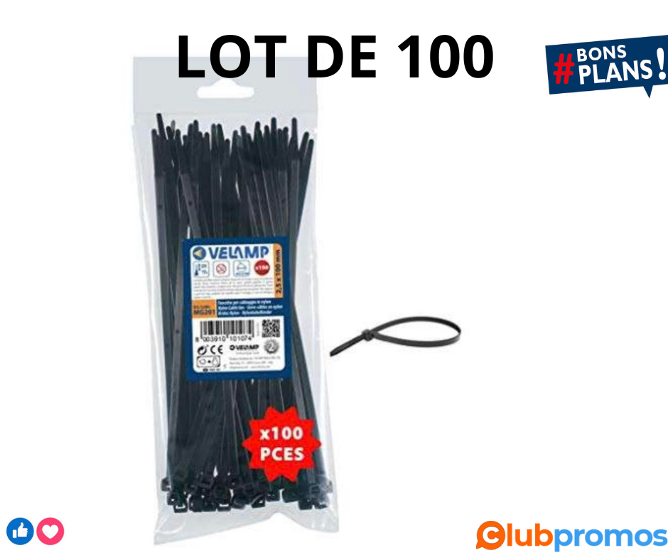 Velamp MG201 100x Attache, Colliers de Serrage en Nylon 6.6, Serre Cables, 100 mm x 2,5 mm, Ré...png