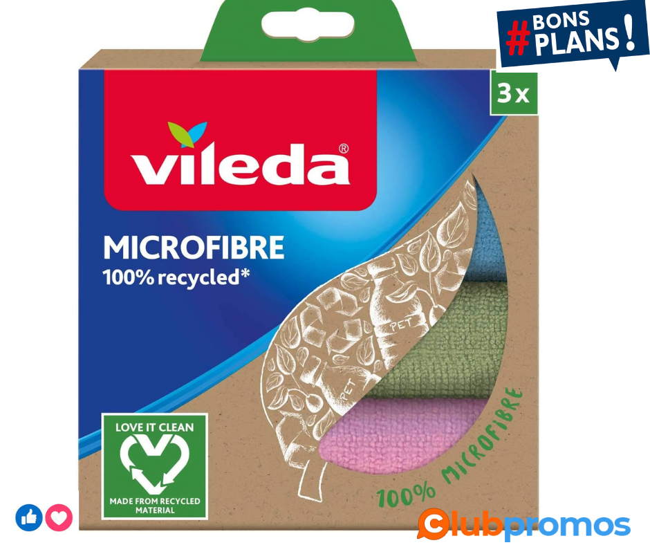 Vileda Microfibres recyclées 100% microfibre, 3 lavettes fabriquées à partir de bouteilles en ...png