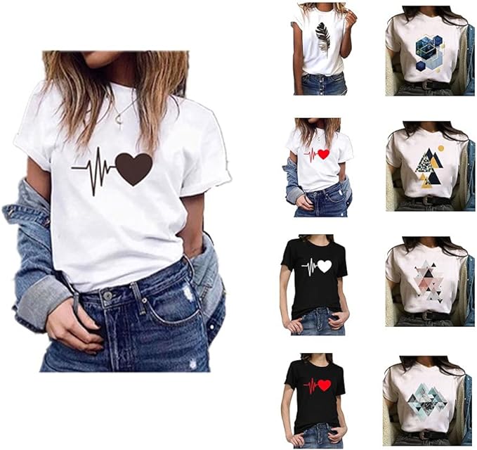 MAWOLY Femmes Casual T shirts Plus La Taille Lâche Manches Courtes Col Rond Blouse Tops D'été Filles Coeur Géométrique Graphique Lettre Fleur Soleil Imprimé Streetwear T-shirts