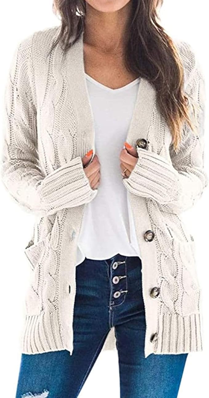 Femme Gilet Cardigan Veste Tricotée avec Poches Manches Longues Chaud Élégant Chandail Pull Manteau pour Automne Hiver Printemps