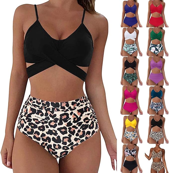 DeaAmyGline 2 PièCes Femmes Maillot De Bain Taille Haute,Bikinis Sets pour Femmes, Vintage Beachwear Sexy Fille Push Up Halter Maillot De Bain Deux PièCes Ensemble De Plage Swimsuit